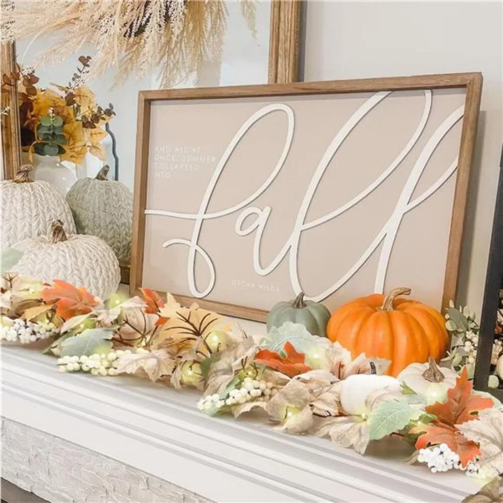 Neutral Fall Garland for Mantle Fireplace - 2 Pack 6Ft Outdoor Autumn Leaves